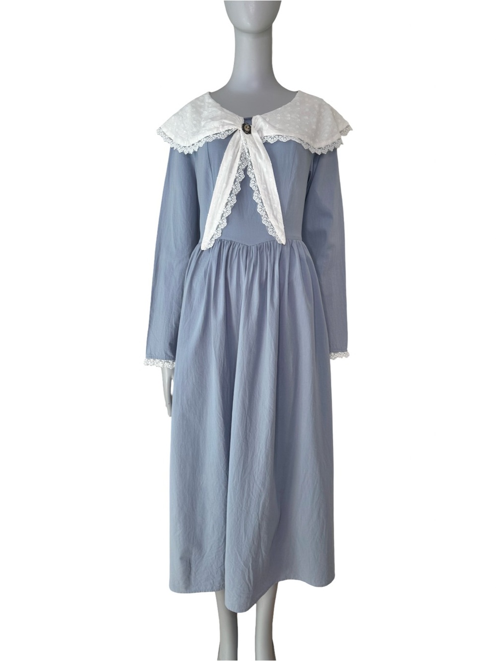 Scarlet Darkness Cottagecore Prairie Cameo Lace Collar Midi Dress Blue Cotton